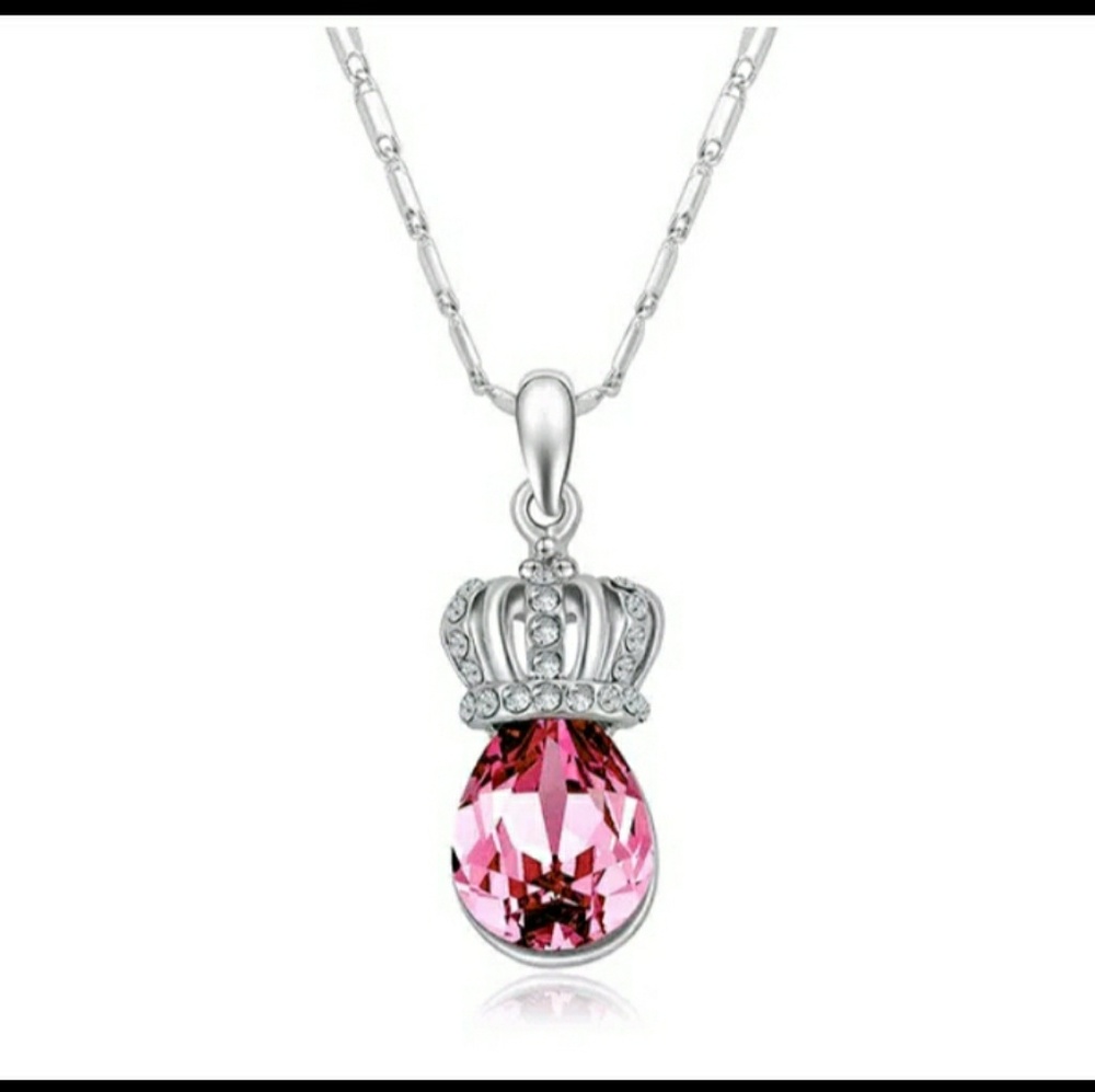 New Pink Rhinestone Imperial Crown Silver Necklace.